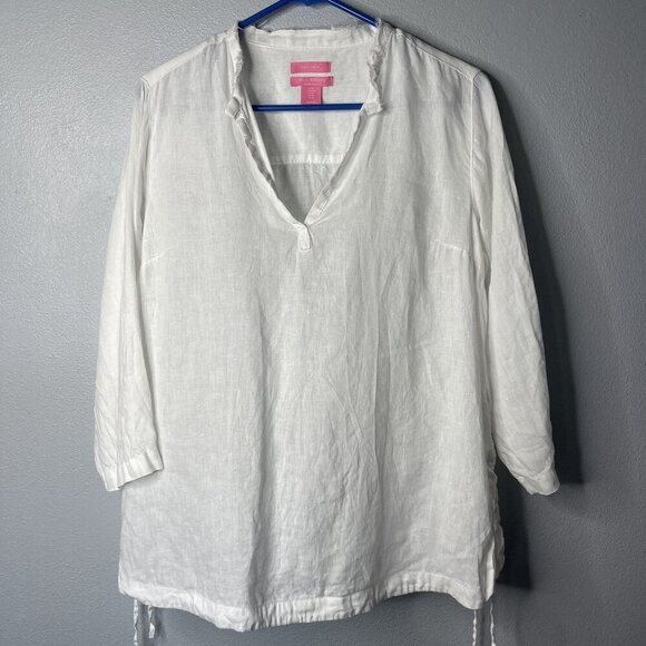Isaac Mizrahi Tops - Isaac Mizrahi Women White 100% Linen 3/4 Sleeve Tunic Top Blouse Side Ties SZ M